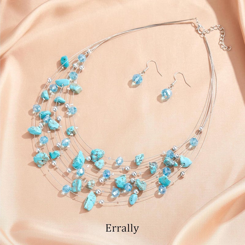 Errally Store Multi-Layer Boho Shell Beaded Necklace for Women Colorful Crystal Strand with Silver Beads Statement Collars Necklace and Earrings Costumes Jewelry Sets for Women - Image 2